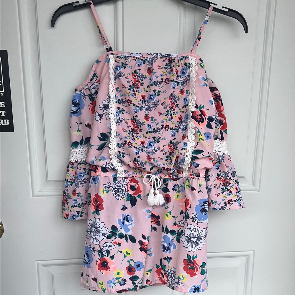 Sequin Hearts Girls Floral Pink Off-Shoulder Romper